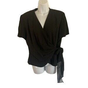 Donna Ricco NY Size 12 VTG Wrap Blazer Top Black Chiffon Tie Drape Front Career